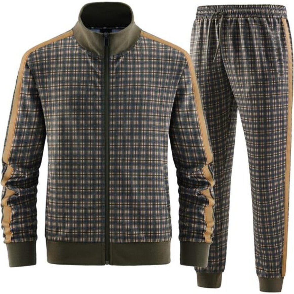 Plaid Track Suit 2-Piece Mens Stand Collar Long Sleeve